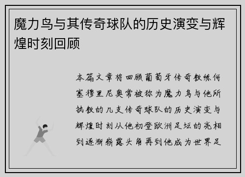 魔力鸟与其传奇球队的历史演变与辉煌时刻回顾 魔力鸟与其传奇球队的历史演变与辉煌时刻回顾